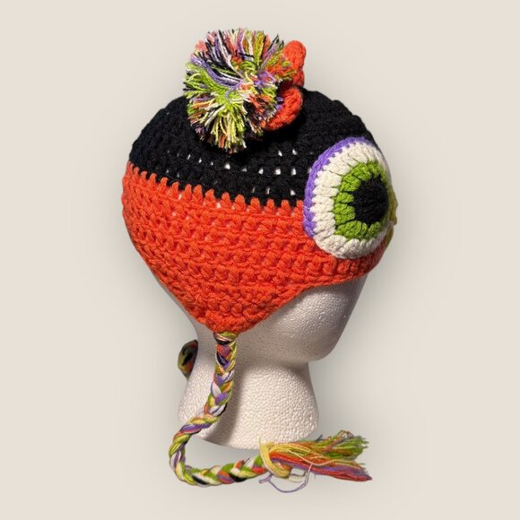 Crochet Owl Beanie Hat For Kids With Colorful Pom Poms & Braided Tassels - Picture 4 of 5